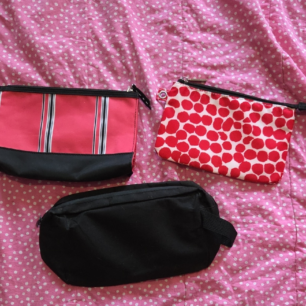 Set of 3 Small Cosmetic Pouches - Pink, Red & Black